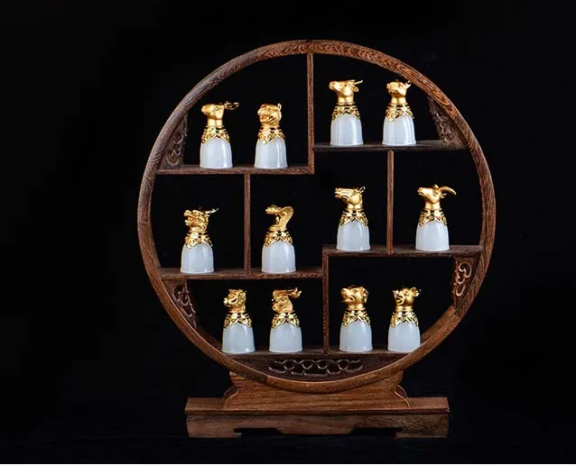 

TOP HOME Business Decorative collection # CHINA The 12 Chinese Zodiacs Mascot gold jade wine glass wood Retro Wine Rack
