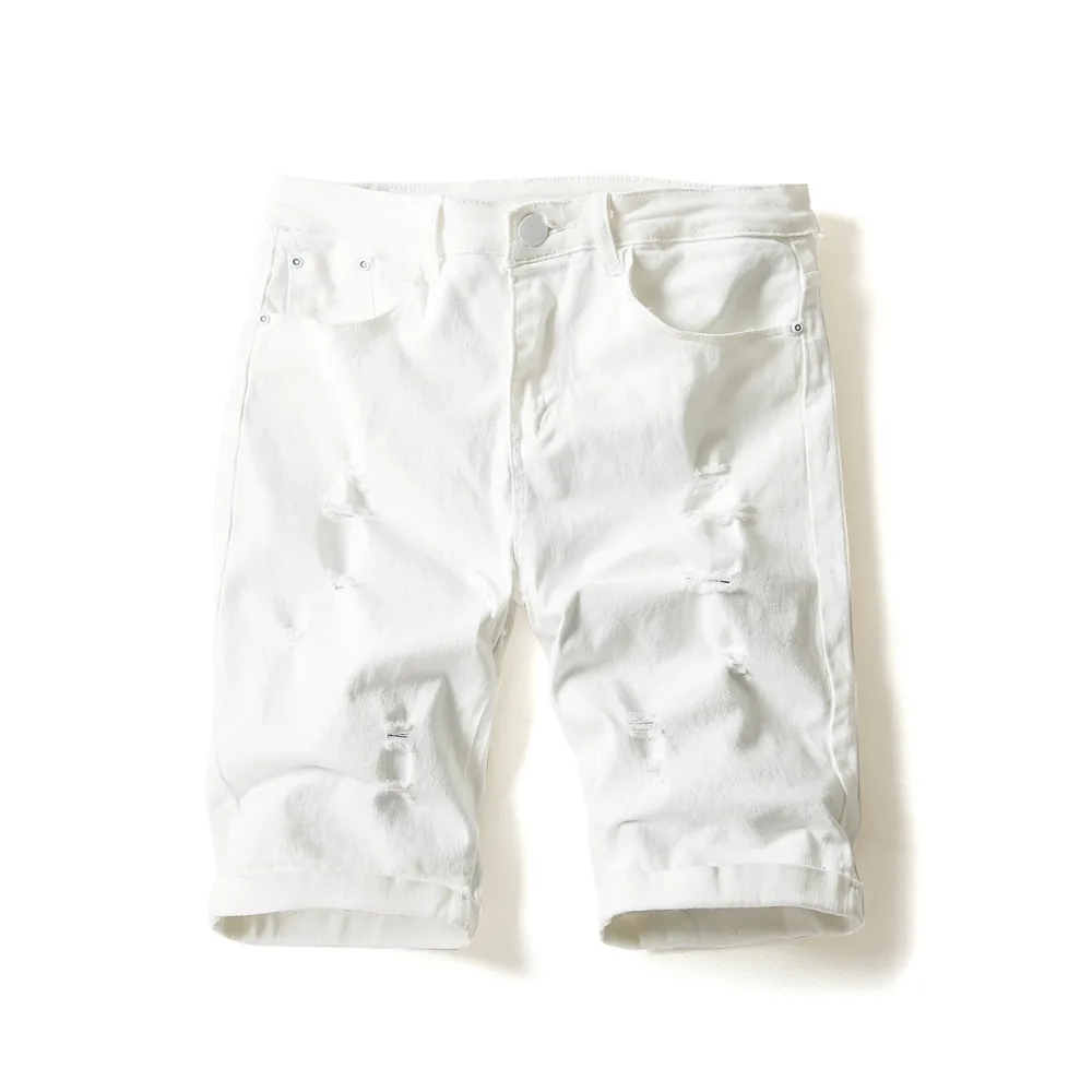 

Men's Cotton Thin White Short Jeans Hole Denim shorts Male Slim Stretch shorts New Summer short pants Size 36