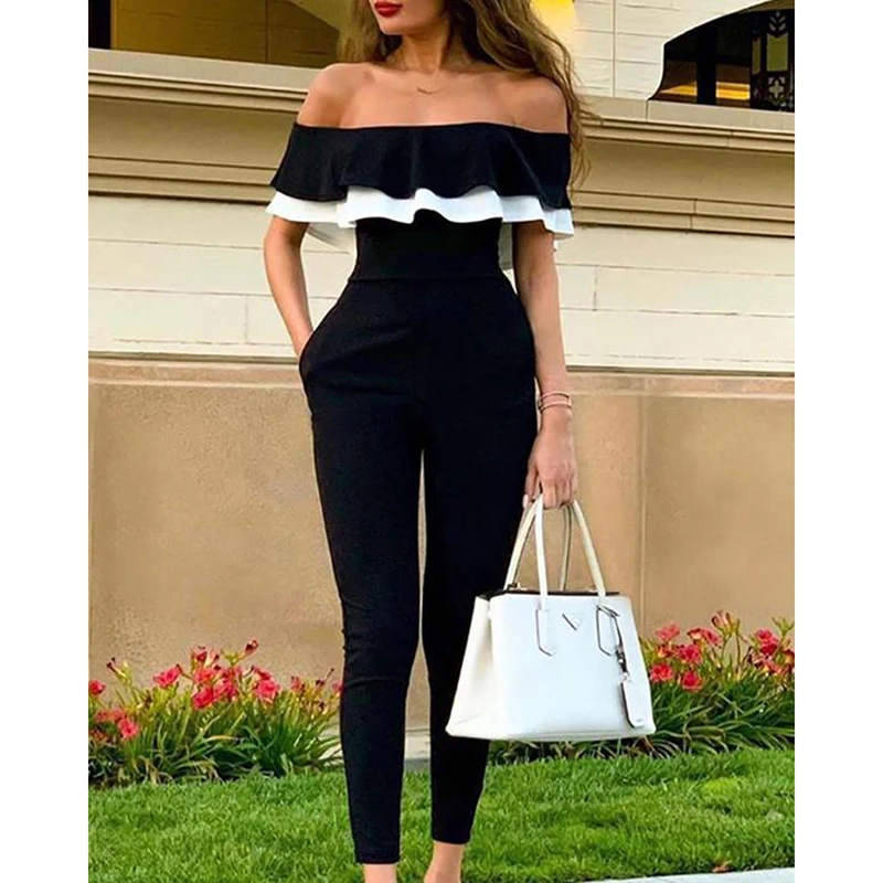 

Ruffles design off shoulder jumpsuit women Short sleeve solid black romeprs womens jumpsuit Summer 2019 casual overalls woman