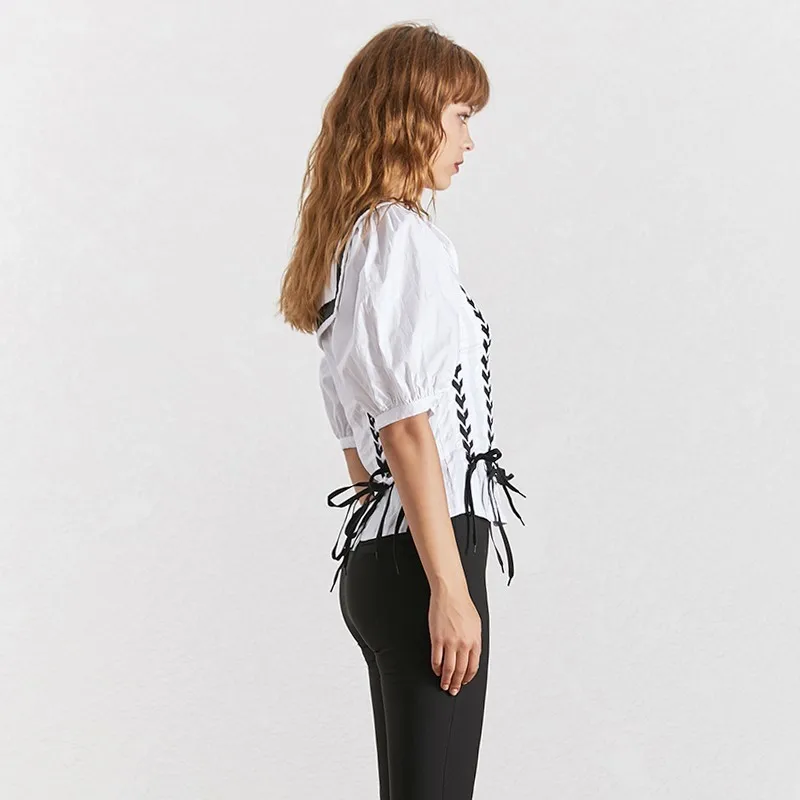 TWOTWINSTYLE Casual Bandage Blouse For Women O Neck Puff Sleeve Tunic Shirt Female Fashion Preppy Style Clothes 2019 Summer |