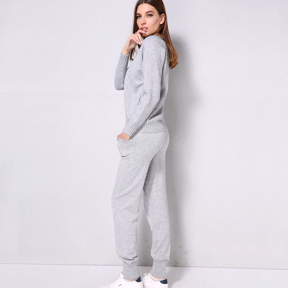 Женский спортивный костюм из 2 предметов вязаный свитер с V образным вырезом