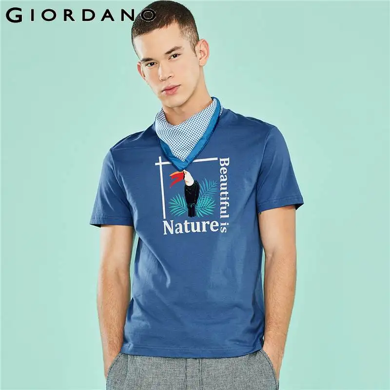 Giordano/мужская футболка красивый рисунок с принтом природы ребристая круглым