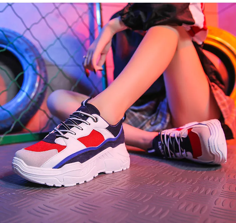 Женские кроссовки-столбики; коллекция года; модная обувь на платформе; Basket Femme; Вулканизированная обувь; женская повседневная обувь; красные женские кроссовки; обувь для папы