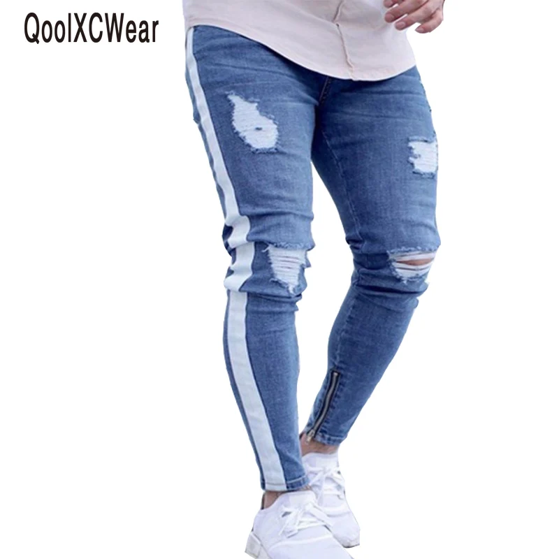 QoolXCWear, мужские обтягивающие джинсы, хип-хоп, в полоску, эластичные, узкие, облегающие, джинсовые штаны, рваные, с дырками, джинсы