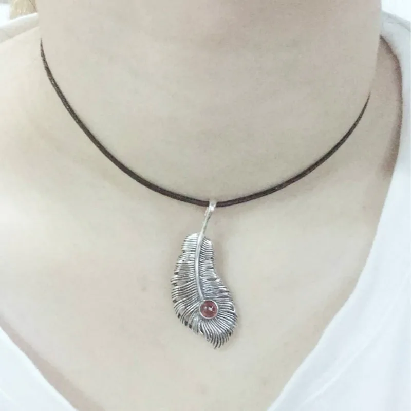 Длинные ожерелья и подвески из стерлингового серебра 925 пробы с перьями гранатом