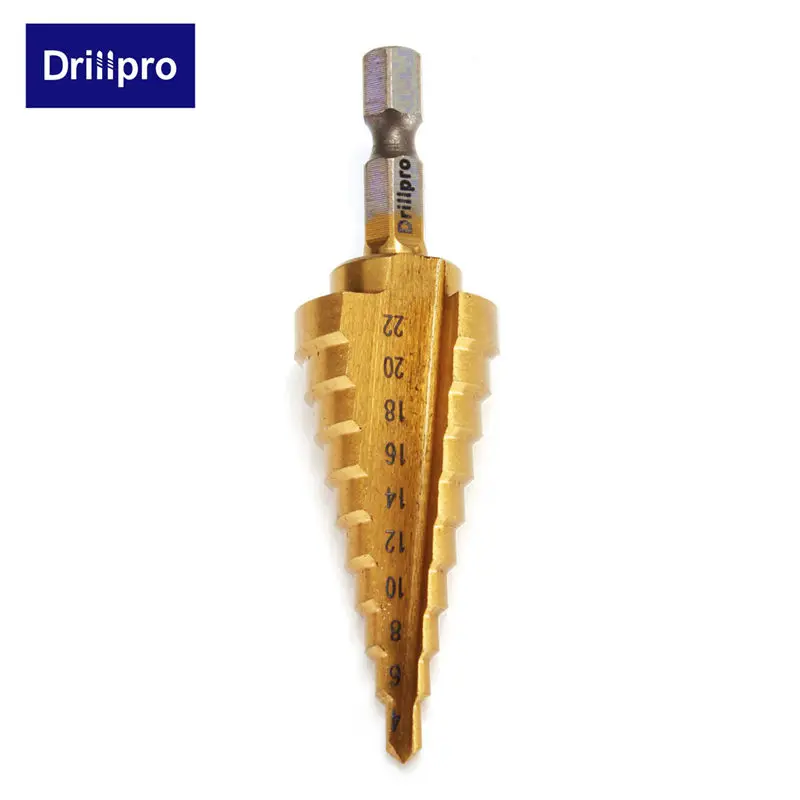Drillpro 1 шт. шестигранное титановое ступенчатое конусное сверло для сверления отверстий 4-22 мм HSS 4241 для сверления листового металла Деревообрабатывающие инструменты