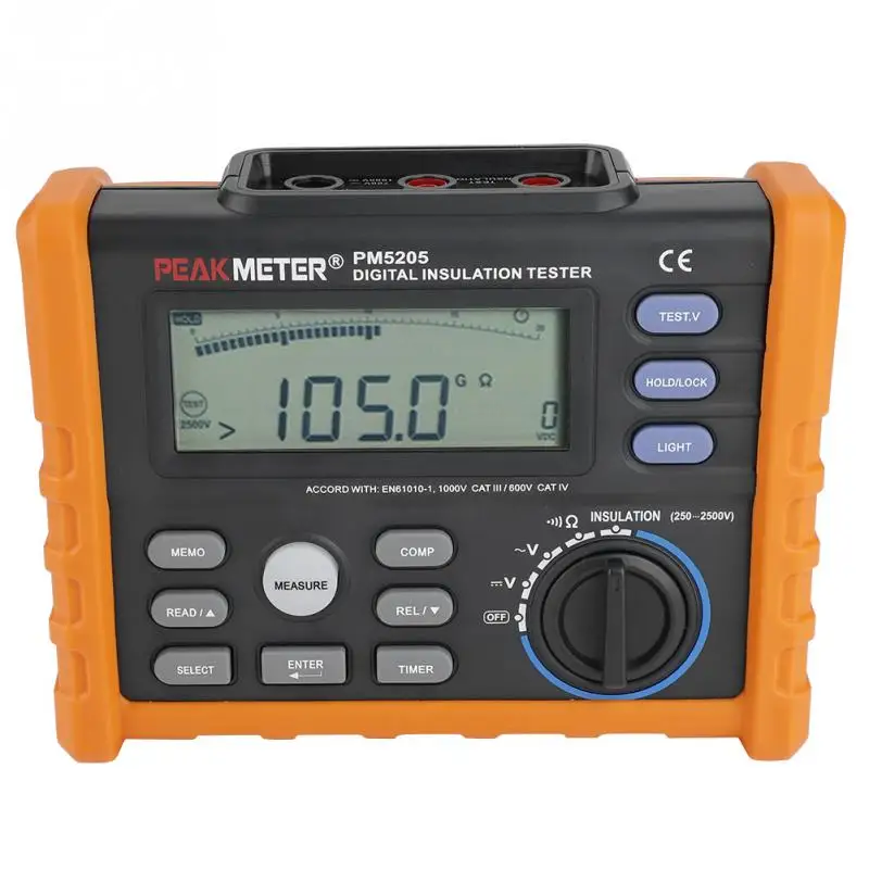 PEAKMETER 2500 В тестер сопротивления изоляции MS5205 аналоговый и цифровой мегомметр 0,01~ 100 г Ом с мультиметр тестер