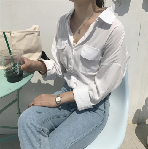 2019 весенние корейские шикарные свободные шифоновые рубашки Женская однотонная