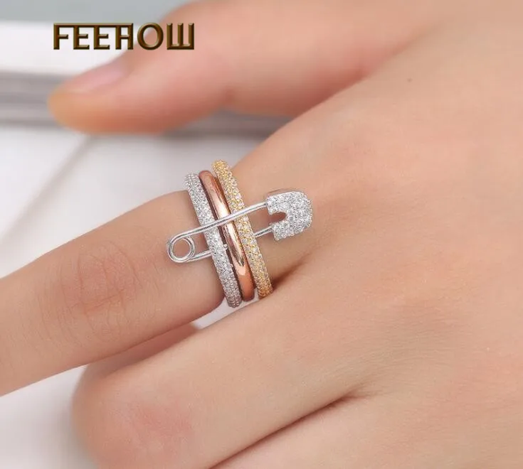 Sliver Color FEEHOW Мода три круга съемный AAA циркон кольцо набор для женщин микро инкрустация ювелирные аксессуары RR4343 - Main Stone Color: Sliver Color