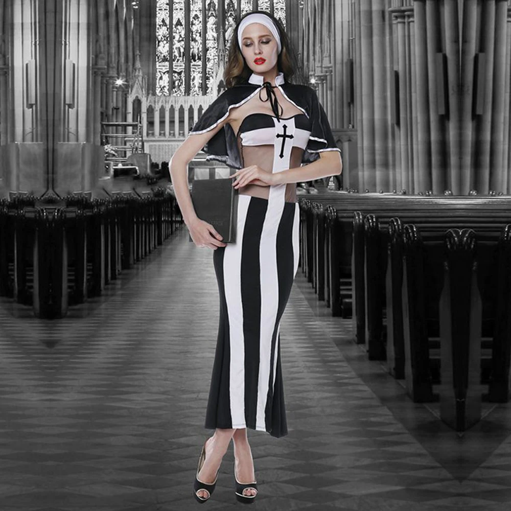 4 шт./компл. костюмы Девы Марии для женщин сексуальные длинные черные монашки
