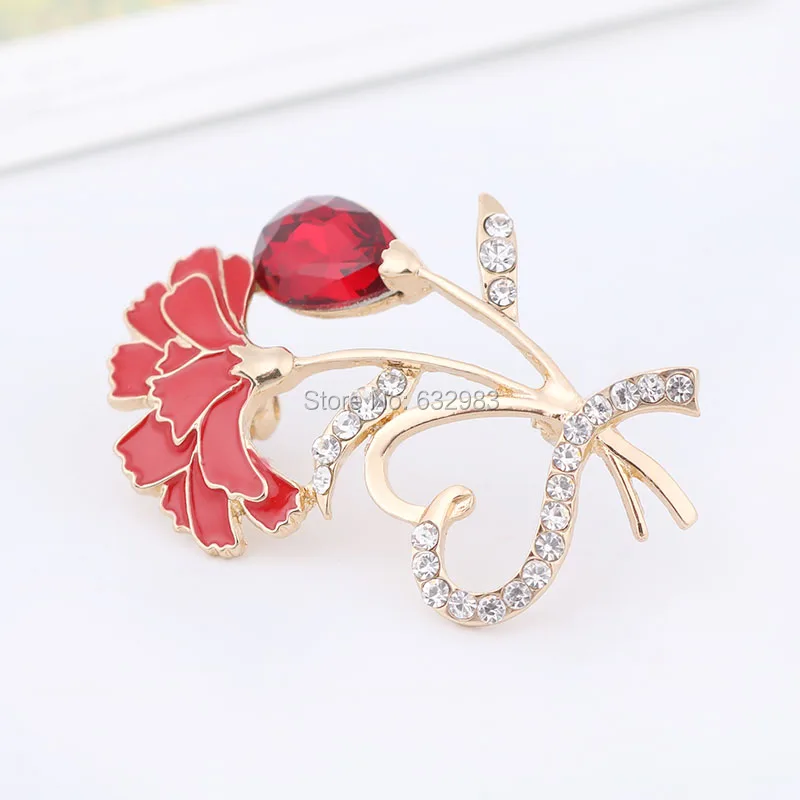 Элегантная брошь в форме сердца гвоздики букет Стразы эмалированные красные