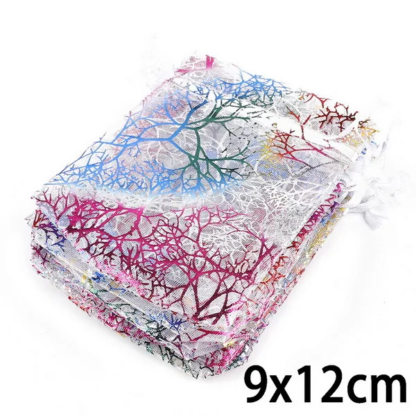 9x12cm white 20 шт. 4 размера 7x9 9x12 10x15 13x18 см золотые Печатные коралловые растения красочные сумки из органзы для свадебного подарка вечерние украшения - Цвет: 9x12cm white
