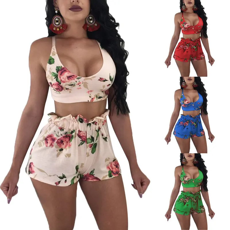 2018 Floral Printed Crop Top Set Suit Women Two Piece Summer 2 Sexy Outfit And Shorts Tracksuit | Женская одежда