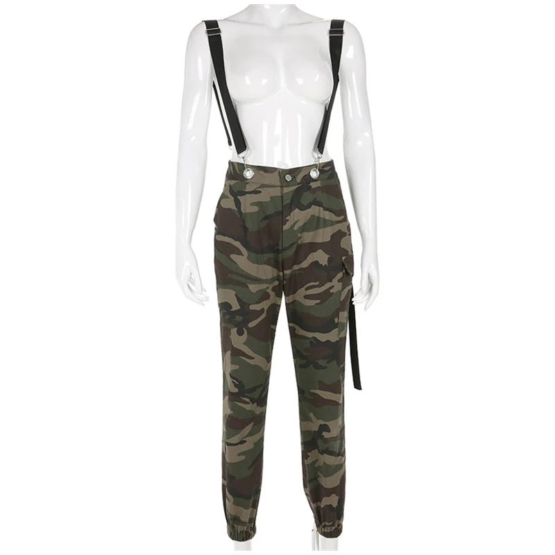 Rapwriter Fashion High Waist Cotton Camouflage Overalls Women Autumn Streetwear Side Pocket Strap Trousers Pencil Pants