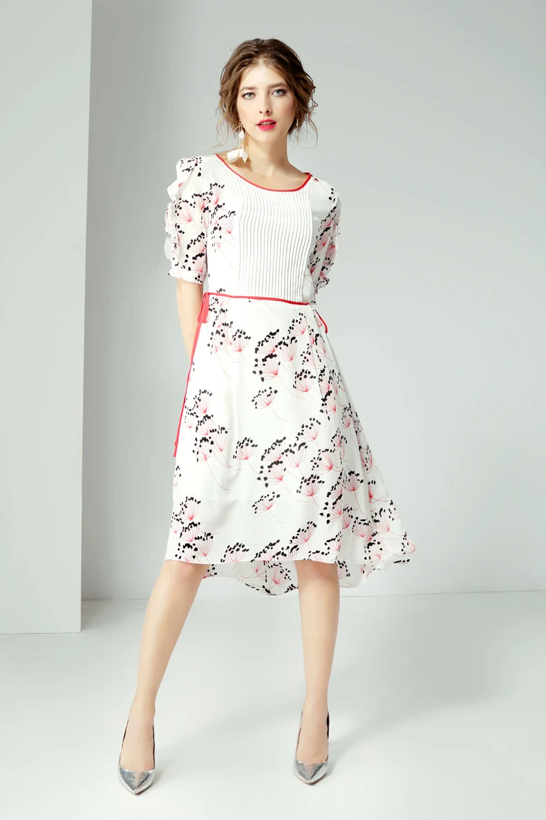 100% натуральные шелковые платья с круглым вырезом короткими рукавами рюшами