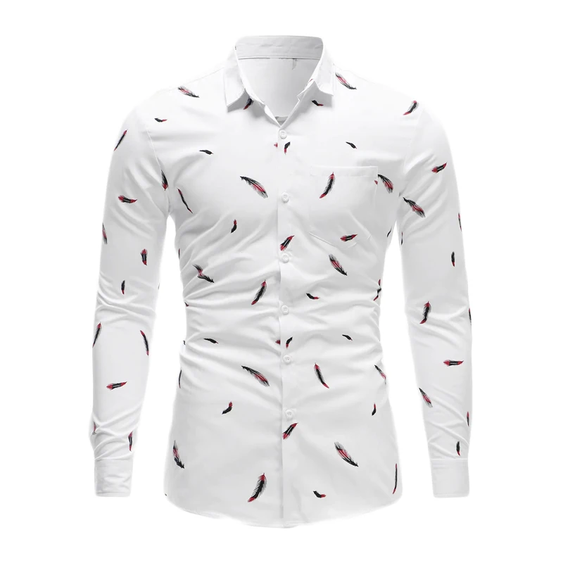 ROMWE для мужчин перо печати Slim Fit рубашка отложной воротник демисезонный с длинным рукавом блузки для малышек Белый однобортный то