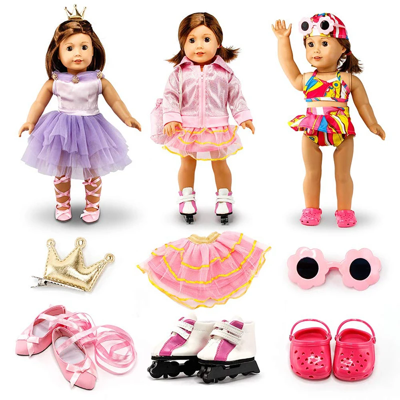 

18 inch Girls doll clothes 3 pcs mixed outfit Dress shoe coat skate Bikini cap swimsuit bag glasses fit 43 cm baby dolls c281