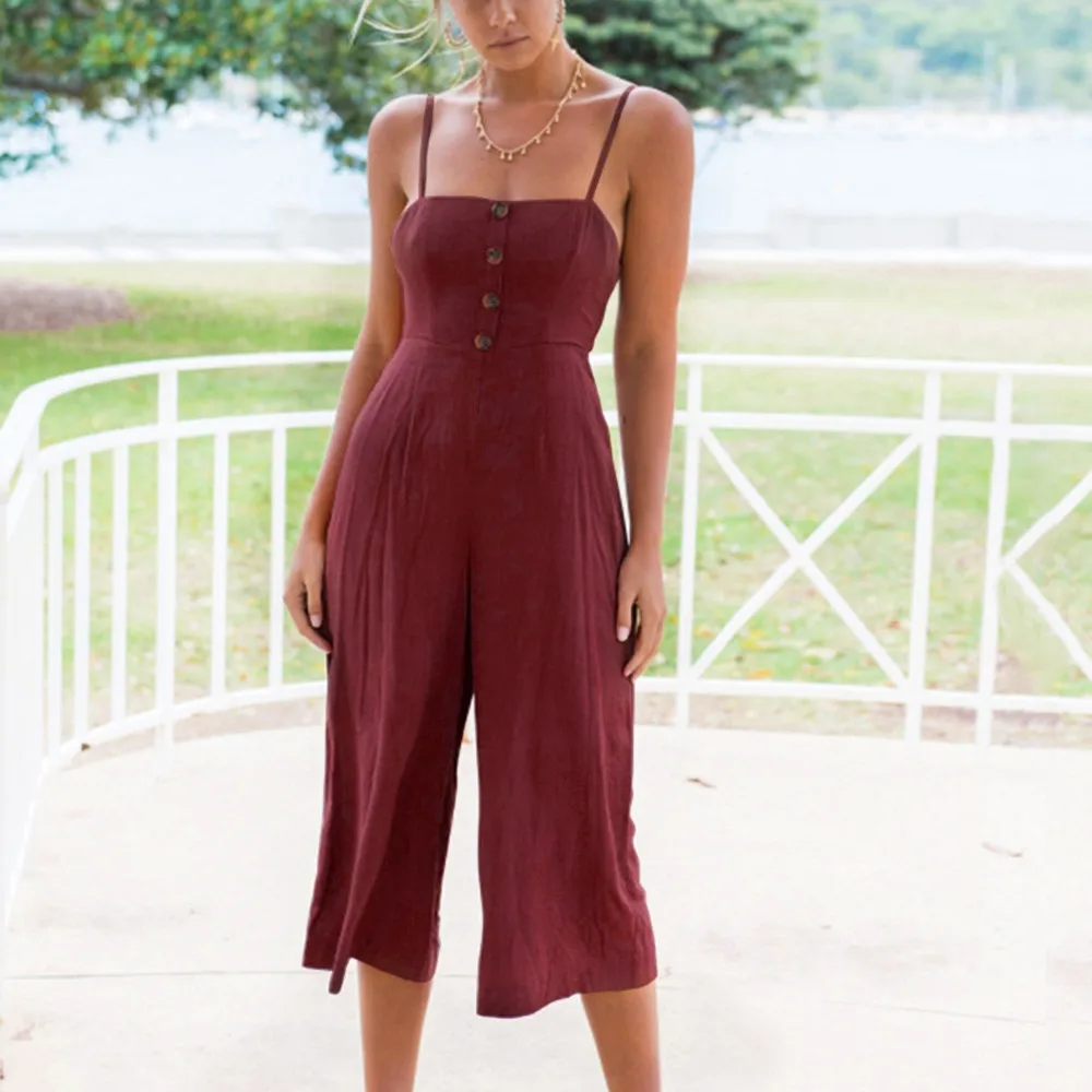 Womens Daily Summer soft and comfortable Strappy Soild Button Long Trouser Playsuits Jumpsuit Rompers L50/0116