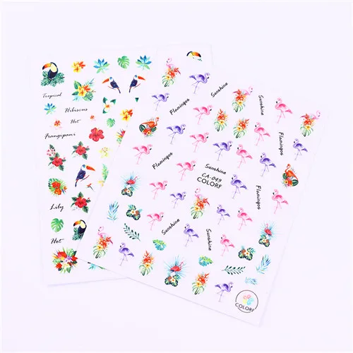 2 patterns 1 лист Милая птица 3D стикер для ногтей Тропический Розовый Цветок Птица DIY маникюр Клей для накладных ногтей переводная наклейка - Цвет: 2 patterns