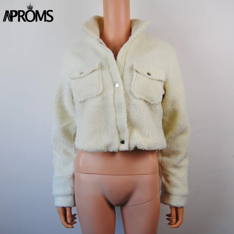 Aproms укороченная плюшевая женская куртка, Модель года! Aproms элегантная однотонная укороченная мягкая толстая теплая плюшевая женская куртка на осень и зиму с карманами спереди