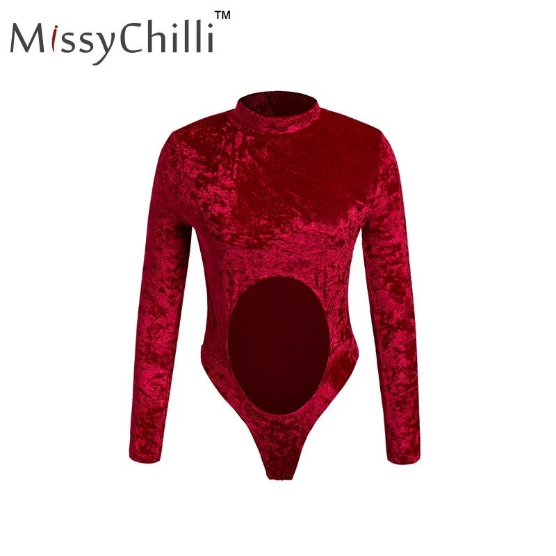 Женский бархатный комбинезон MissyChilli облегающий красный с длинным рукавом и