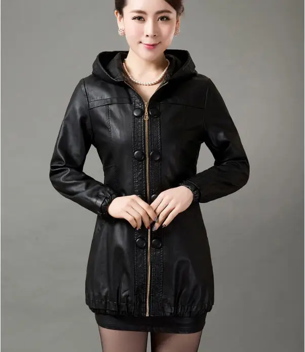 black plus cotton 3XL 4XL 5XL размера плюс кожаное пальто для женщин осень зима с капюшоном PU куртки и пальто женская повседневная черная кожаная верхняя одежда A1512 - Цвет: black plus cotton
