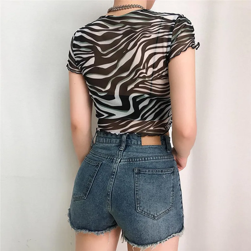 Новая женская прозрачная сетчатая футболка с принтом зебры привлекательная