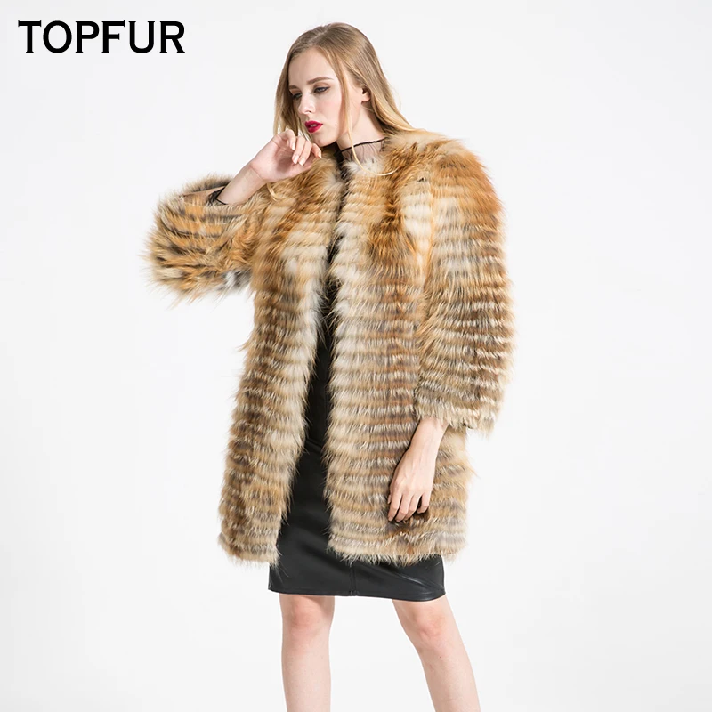 Женское пальто с натуральным лисьим мехом TOPFUR длинное круглым вырезом и на