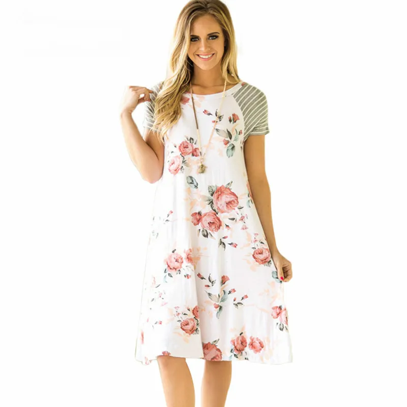 Платье женское повседневное с О образным вырезом коротким рукавом и цветочным