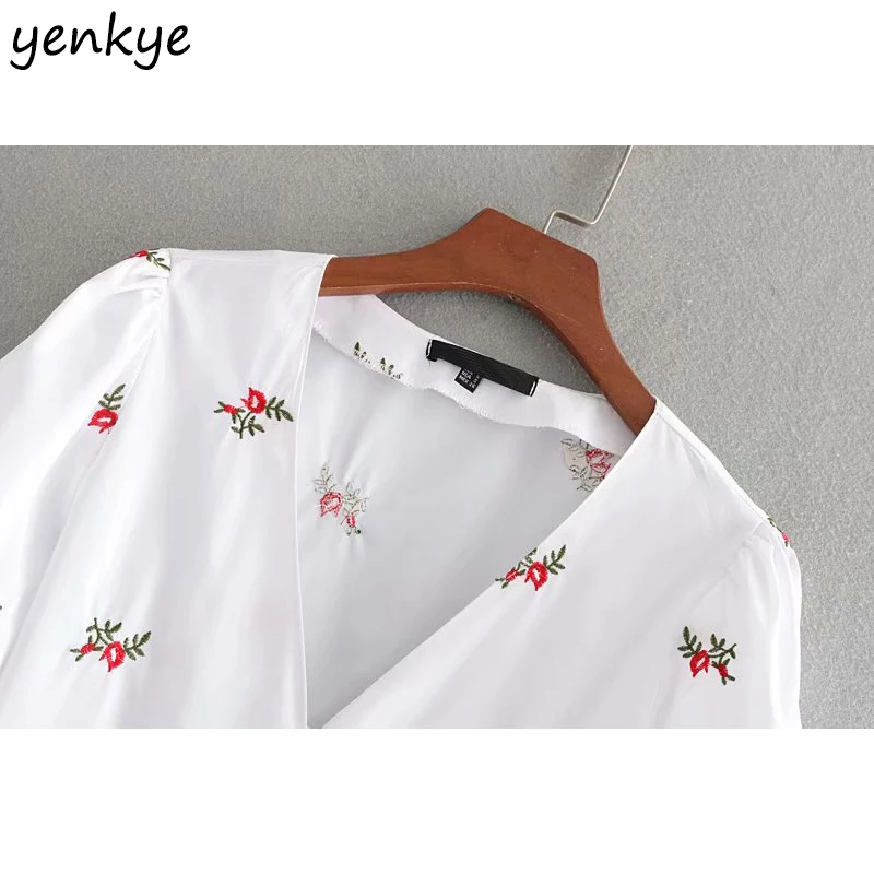 2019 Милая Цветочная вышивка для женщин блузка элегантный лук ремень V образным