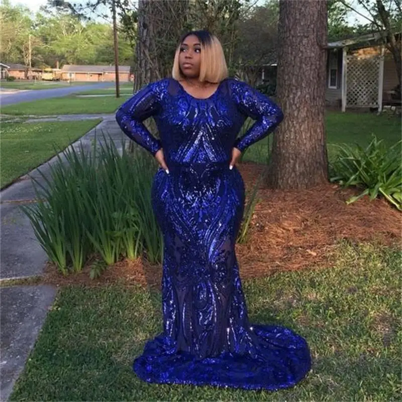 

Plus Size Royal Blue Mermaid Prom Dresses New Long Sleeve Scoop Neck Sweep Strain See Through Formal Evening Dress Party Gowns