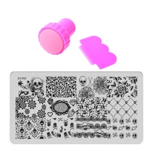 XYP07 and Stamp set Набор шаблонов для нейл-арта, тарелки для маникюра, Хэллоуина, тема из розового черепа, Нержавеющая штамповка для нейл-арта+ Сделай Сам штамп+ 1 скребок для красоты - Цвет: XYP07 and Stamp set