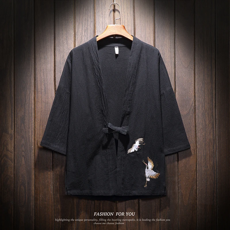 Винтажные тонкие мужские куртки с вышивкой из льна и хлопка традиционное кимоно