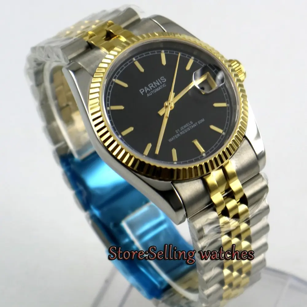 Часы наручные PARNIS Мужские механические люксовые автоматические золотистые из