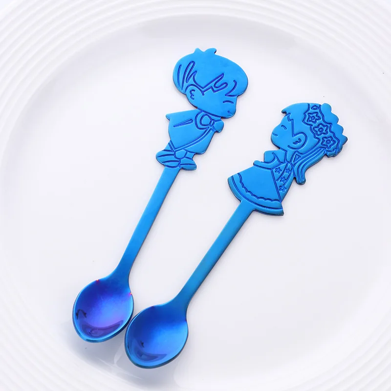 Blue 2 шт. кофейная ложка из нержавеющей стали, милая детская форма, красочные Мультяшные мороженое, чай, десертный суповой ложки для помешивания - Цвет: Blue