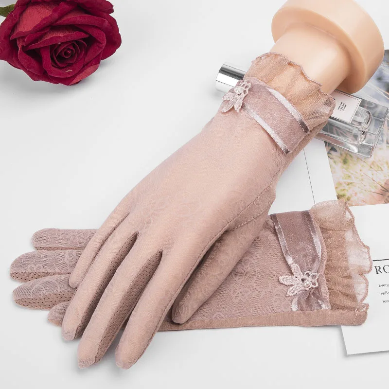 Pearl Skin Pink Кружевные летние солнцезащитные Короткие наручные перчатки, весенние модные перчатки с сенсорным экраном и УФ-защитой от солнца, перчатки для вождения автомобиля, вечерние женские перчатки Guantes Mujer - Цвет: Pearl Skin Pink