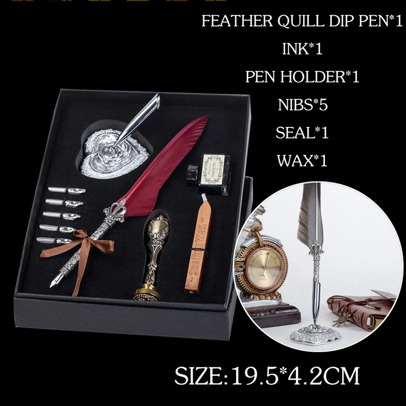 

Creative Multi Color Luxury Calligraphy Feather Dip Quill Pen With 5 Nibs Ink Wax Seal Stationery Set Gifts Box School Supplies