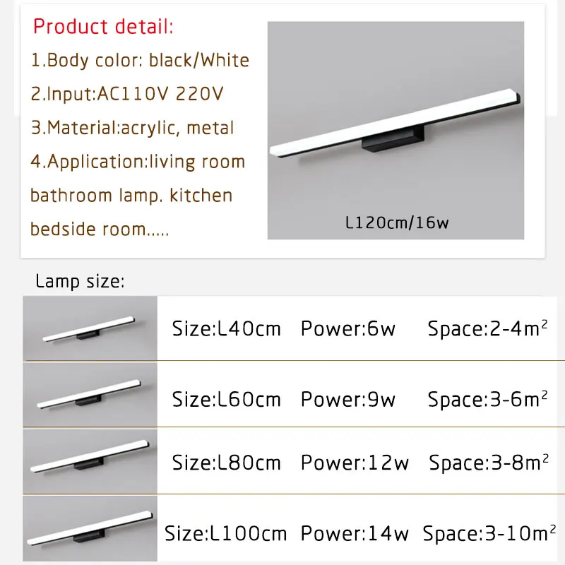 

Acrylic Modern Led Wall Lights Indoor Home Sconce Wall Lamp Bahtroom Lamp Mirror Lights L120 100 80 60 40cm Light Fxitures Black