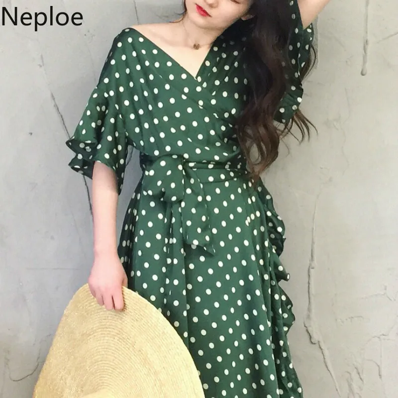 Neploe Polka Dot Retro Dress Women Summer 2019 V-Neck Three Quarter Sleeve Robe Irregular Ruffles Female Vestidos 44906 | Женская одежда
