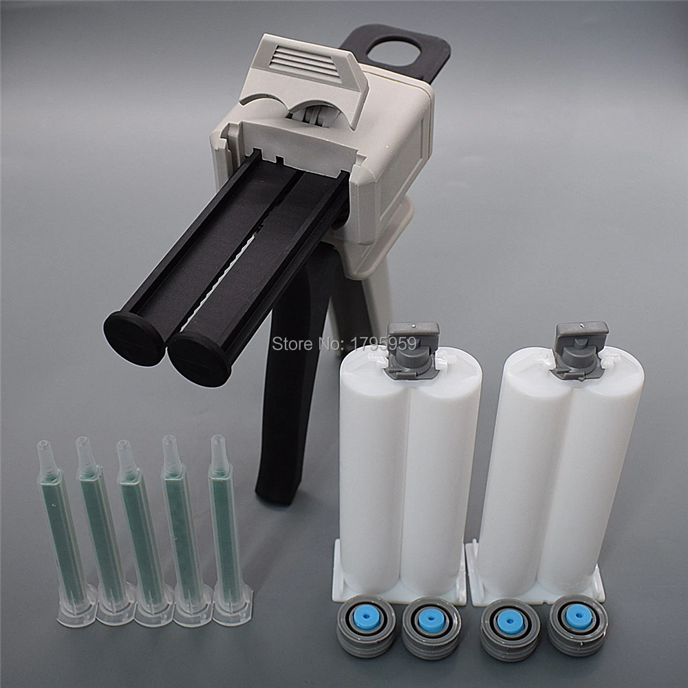 

50ml 1:1 Caulking Gun AB Glue Dispensing Gun Dispenser with 2 set 50ml Empty Dual-Barrel Cartridge and 5pc Static Mixing Nozzle