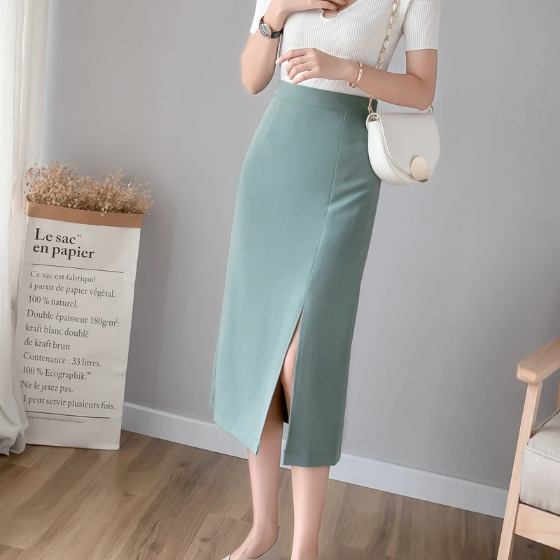 Модная весенне летняя юбка миди женская элегантная Однотонная с разрезом по