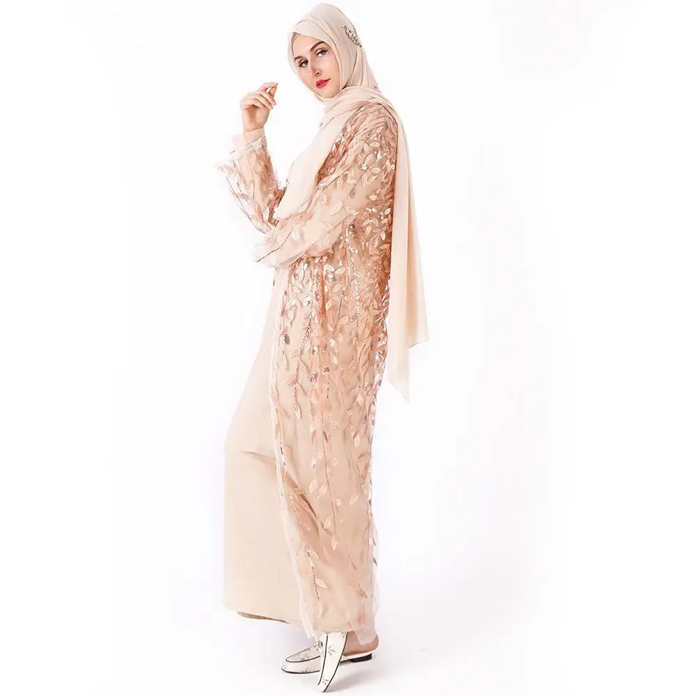 Женский кружевной открытый кардиган с вышивкой мусульманское Макси abaya блестки пайетки ислам Дубаи халат Рамадан модные платья Вечерние Коктейльные