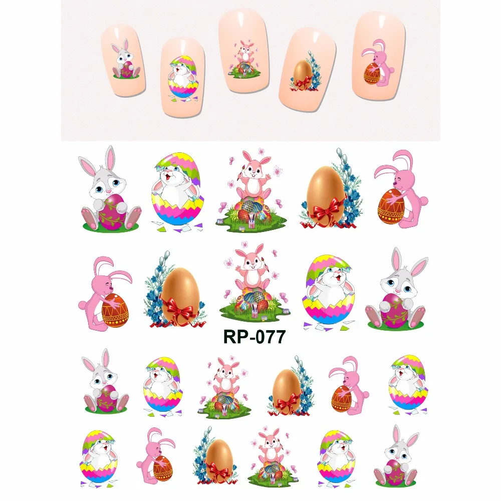 NAIL ART красивые наклейки для ногтей воды Наклейка ползунок мультфильм пасхальные цветной, в виде кролика FLORID яйцо RP073-078