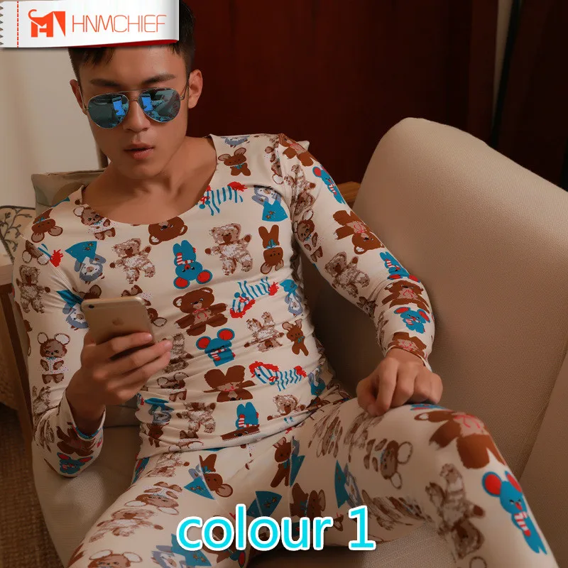 Хлопковый зимний мужской комплект HNMCHIEF с круглым вырезом теплые кальсоны