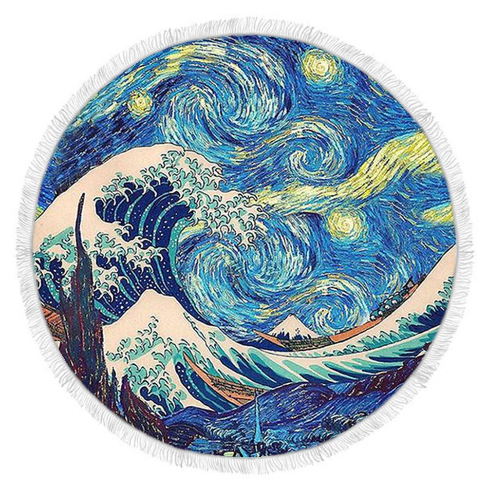 Круглый пляжное полотенце с кисточкой японские Знаменитые Картины большая волна