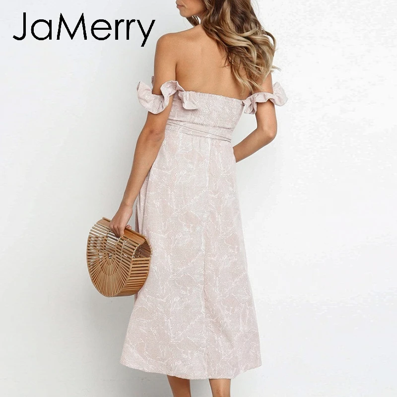 JaMerry винтажное бохо сексуальное с оборками открытыми плечами женское миди платье