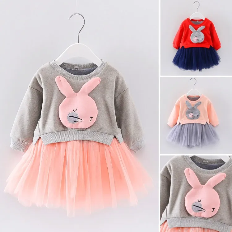 2018 Spring Autumn Long Sleeve Girls O-neck Dress Bunny Patchwork Kids Dresses for Girl Cute Mesh Pullover Toddler Clothing | Детская