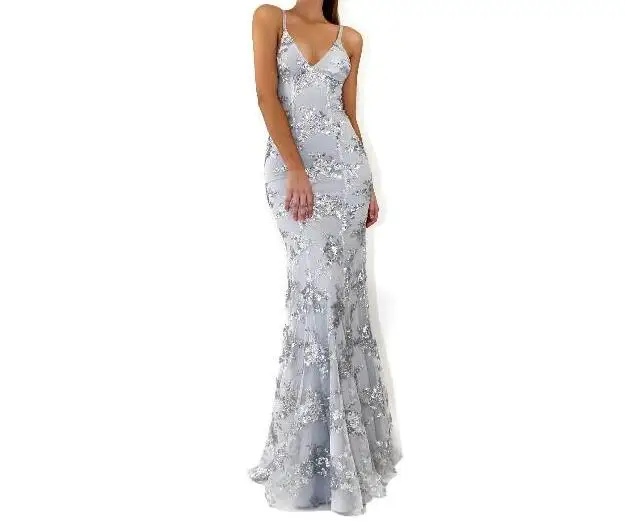

Summer Women Sexy V Neck Sequined Maxi Dress Floor Length Party Dress Sleeveless Strapless Backless Elegant Evening Mermaid Dres