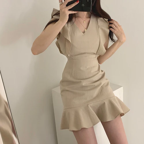 Женское платье с V-образным вырезом без рукавов | Женская одежда