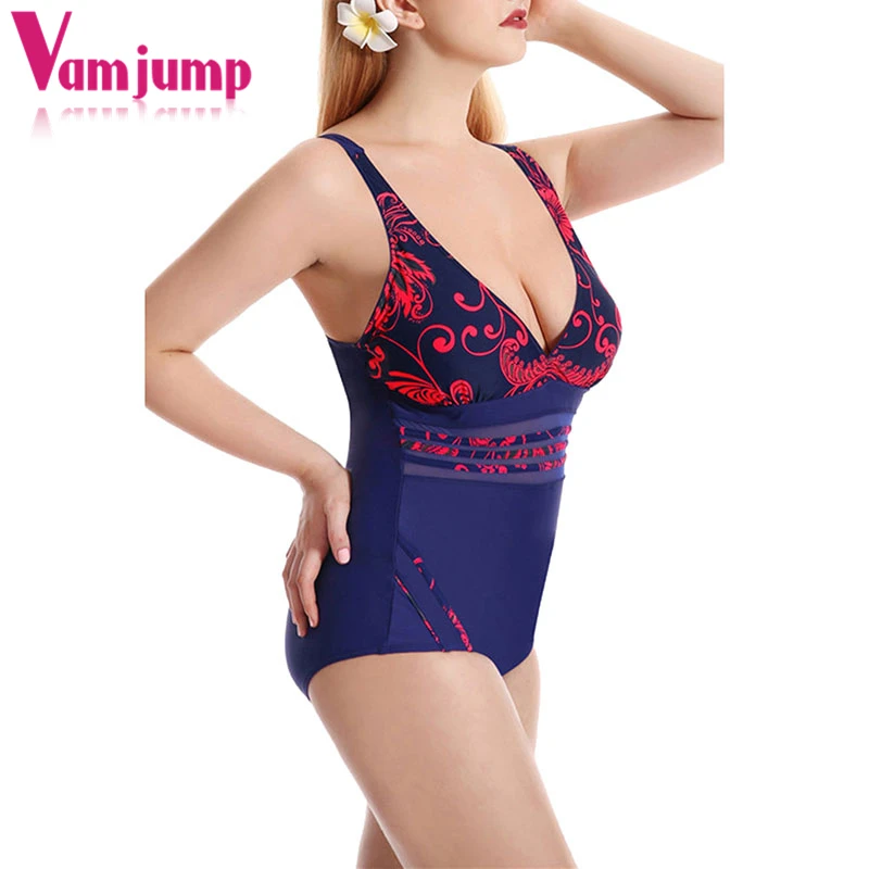 VamJump Print Halter Deep V Neck One Piece Swimwear Women Plus Size Bathing Suit APSW6745 2018 Sexy Swim | Спорт и развлечения
